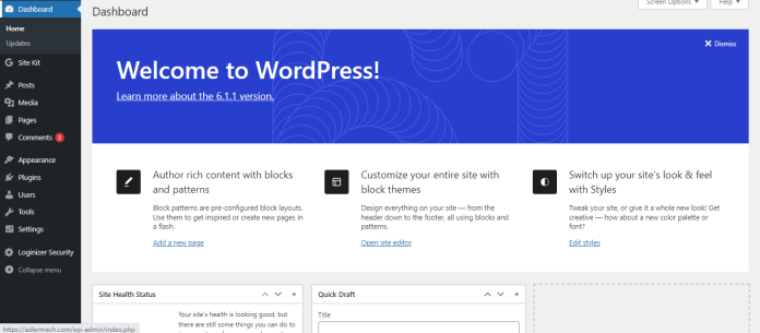 WP 6.1.1 Admin Panel Block Theme Twenty Twenty-Two